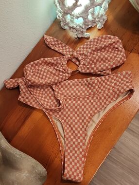 Sanori Swim SZ Small Rust Orange Floral Textured High Rise Bikini Set